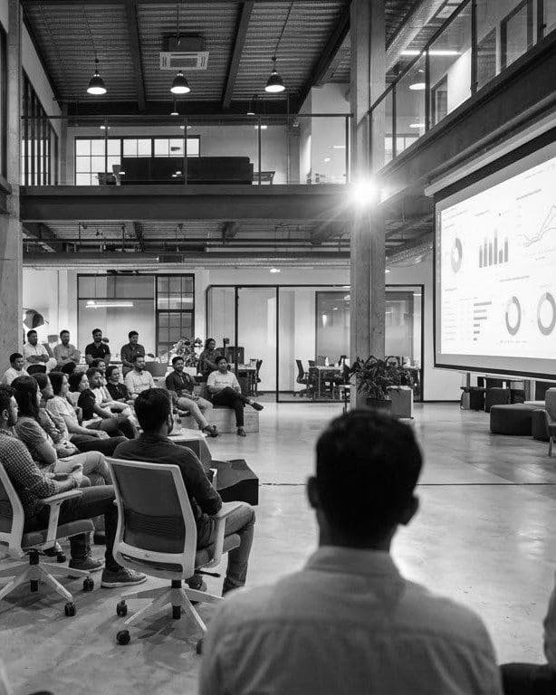 A team watching an analytics dashboard presentation
