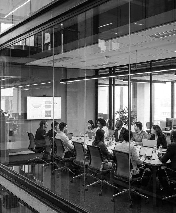 A team meeting in a glass-walled conference room